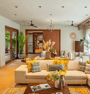 A bright living room in a managed villa